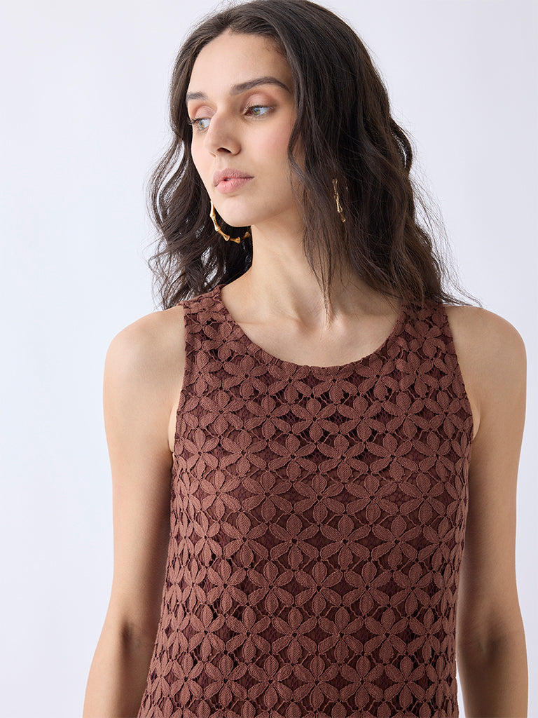 LOV Dark Brown Floral Lace Cotton Shift Dress - Image 3