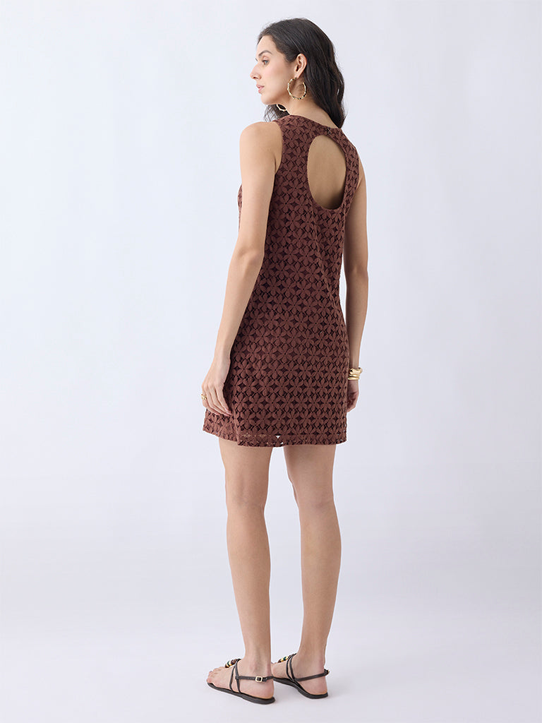 LOV Dark Brown Floral Lace Cotton Shift Dress - Image 4