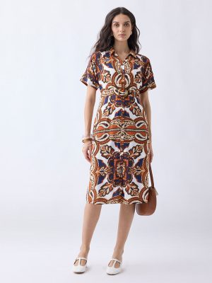 LOV Multicolour Printed Cotton Shirt Dress with Belt