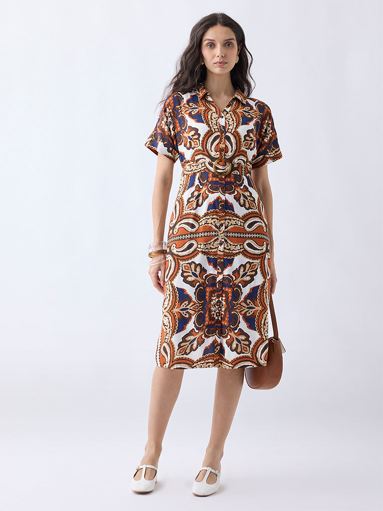 LOV Multicolour Printed Cotton Shirt Dress with Belt