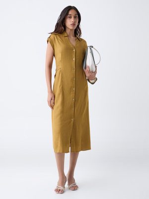 LOV Mustard Solid Cotton Shirt Dress