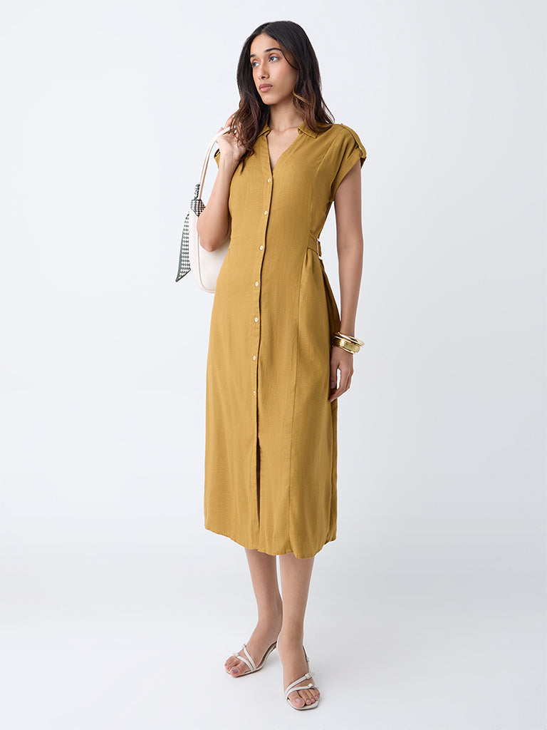 LOV Mustard Solid Cotton Shirt Dress - Image 2