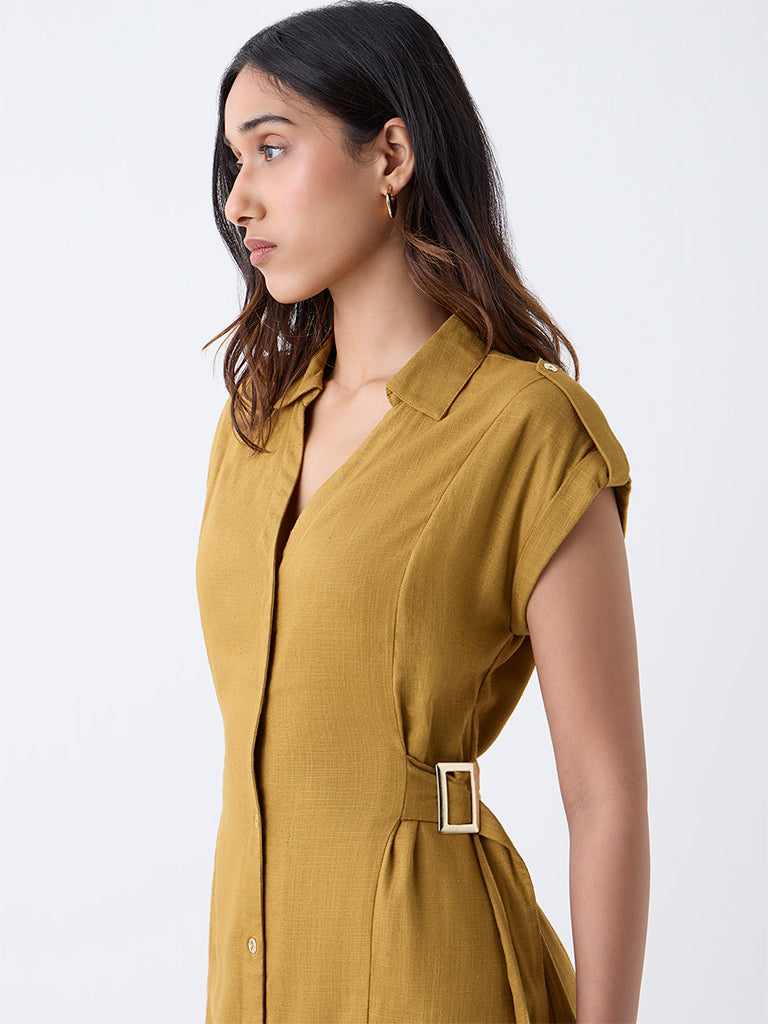 LOV Mustard Solid Cotton Shirt Dress - Image 3