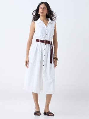 LOV White Floral Embroidered Cotton Shirt Dress with Belt