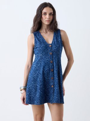 LOV Dark Blue Floral Design Denim A-Line Dress