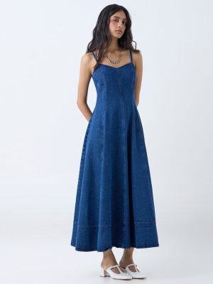 LOV Blue Solid Denim A-Line Dress