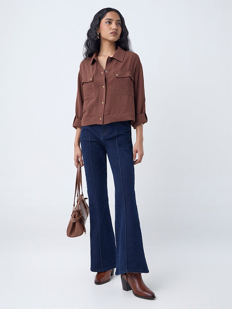 LOV Brown Crinkle-Texture Shirt