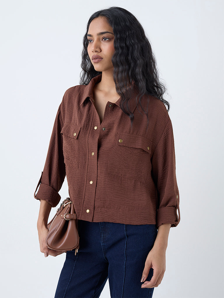 LOV Brown Crinkle-Texture Shirt - Image 2