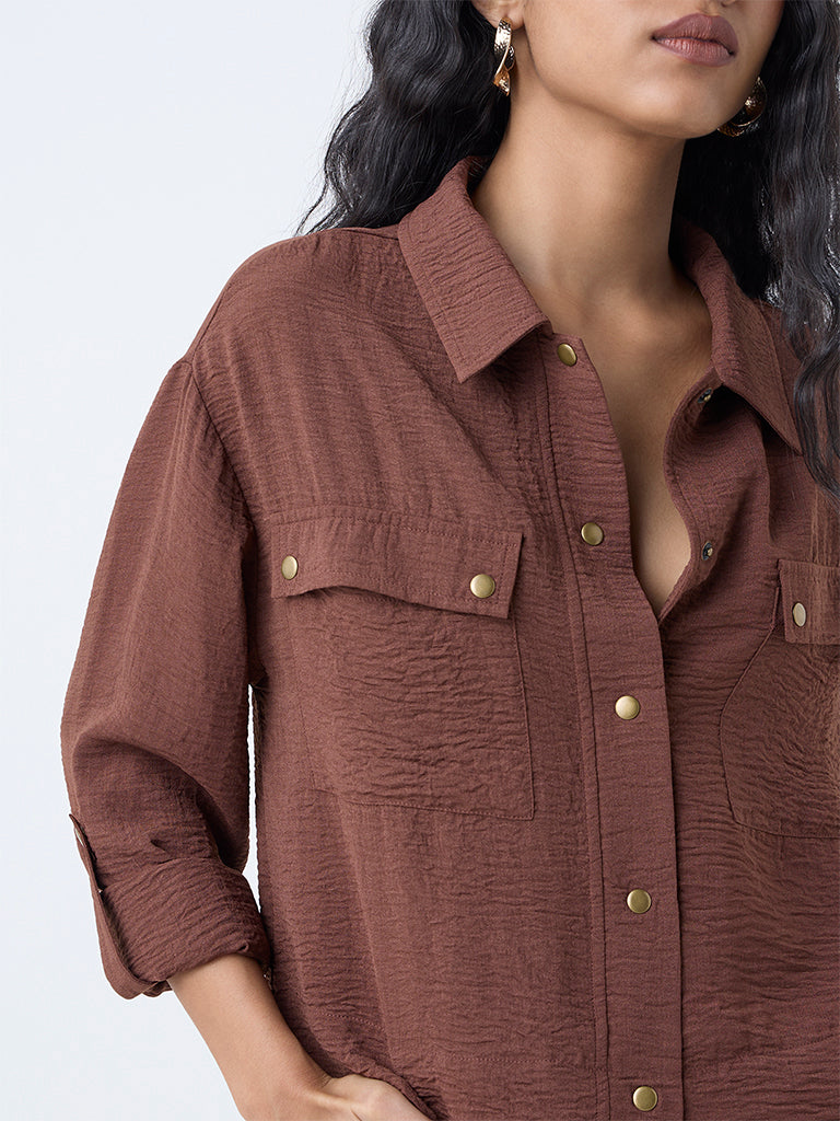 LOV Brown Crinkle-Texture Shirt - Image 3