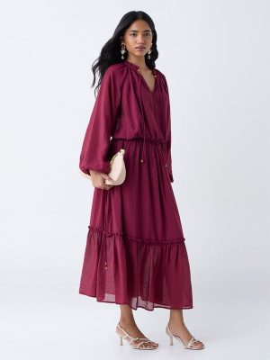 LOV Burgundy Crinkle-Textured High-Rise Skirt