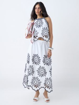 LOV White Schiffli Embroidered Mid-Rise Cotton Skirt