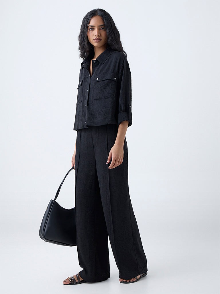 LOV Black Crinkle-Texture High-Rise Trousers