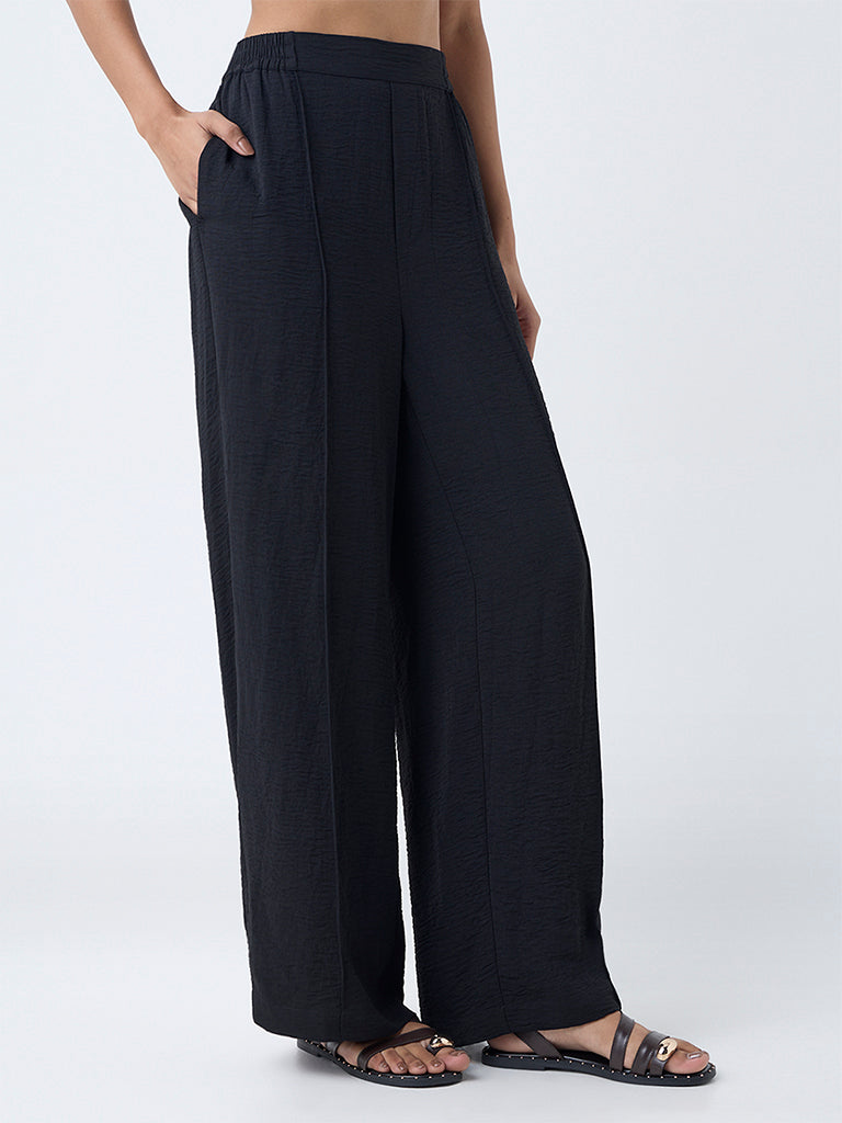 LOV Black Crinkle-Texture High-Rise Trousers - Image 2