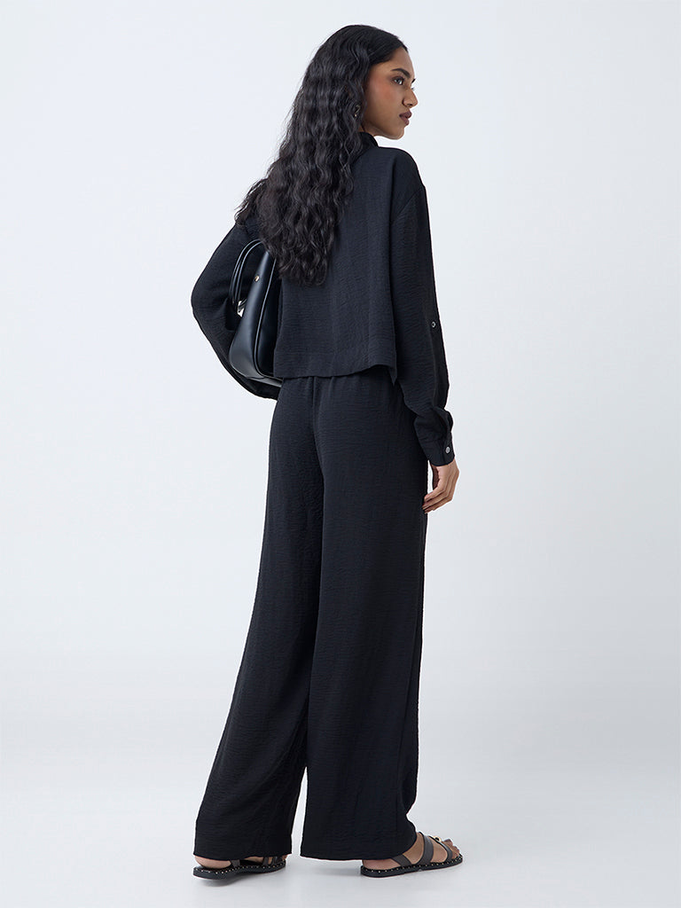 LOV Black Crinkle-Texture High-Rise Trousers - Image 4