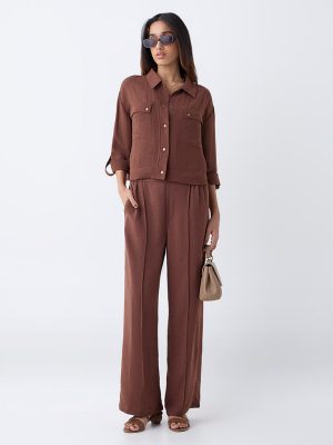LOV Brown Crinkle-Textured High-Rise Trousers