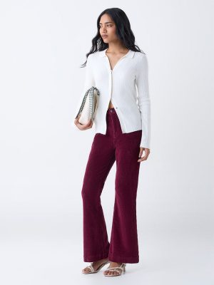 LOV Burgundy Bootcut High-Rise Corduroy Trousers