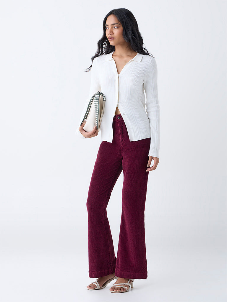 LOV Burgundy Bootcut High-Rise Corduroy Trousers