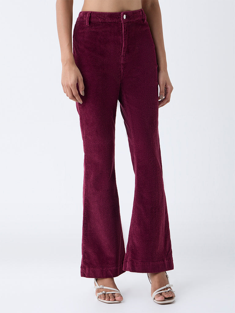 LOV Burgundy Bootcut High-Rise Corduroy Trousers - Image 2