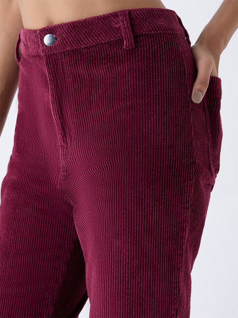 LOV Burgundy Bootcut High-Rise Corduroy Trousers - Image 3