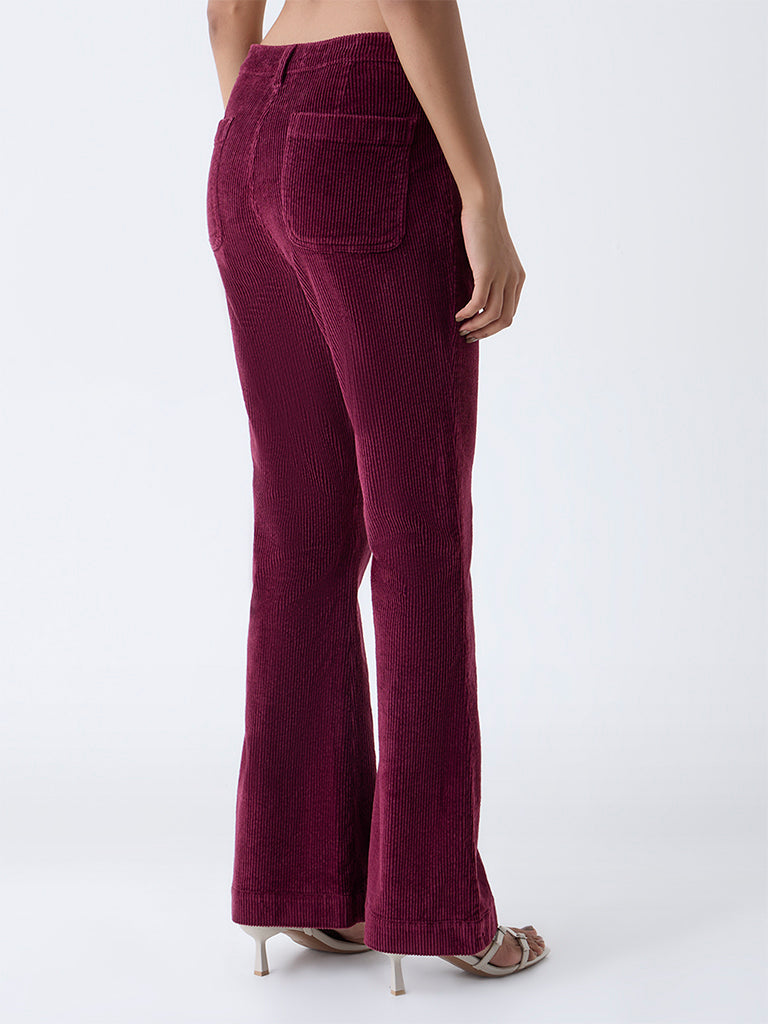 LOV Burgundy Bootcut High-Rise Corduroy Trousers - Image 4