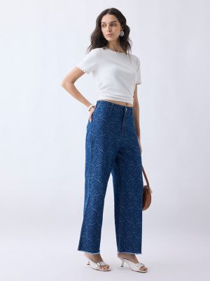 LOV Blue Printed Relaxed-Fit High-Rise Jeans