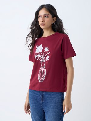 LOV Maroon Floral Pattern Cotton T-Shirt