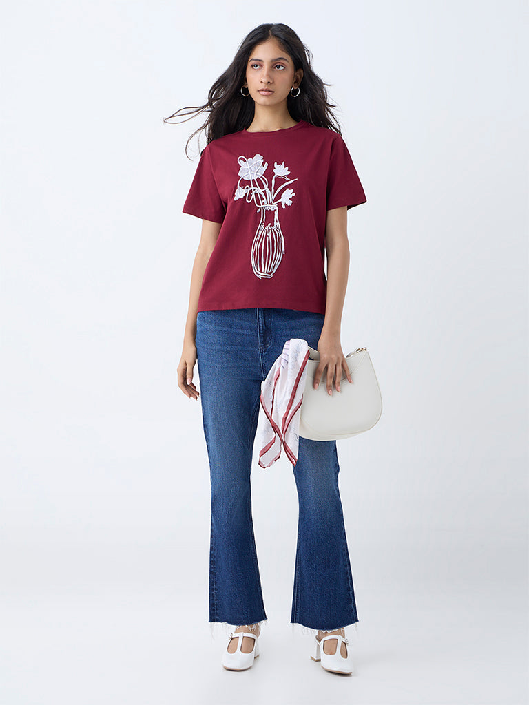 LOV Maroon Floral Pattern Cotton T-Shirt - Image 2