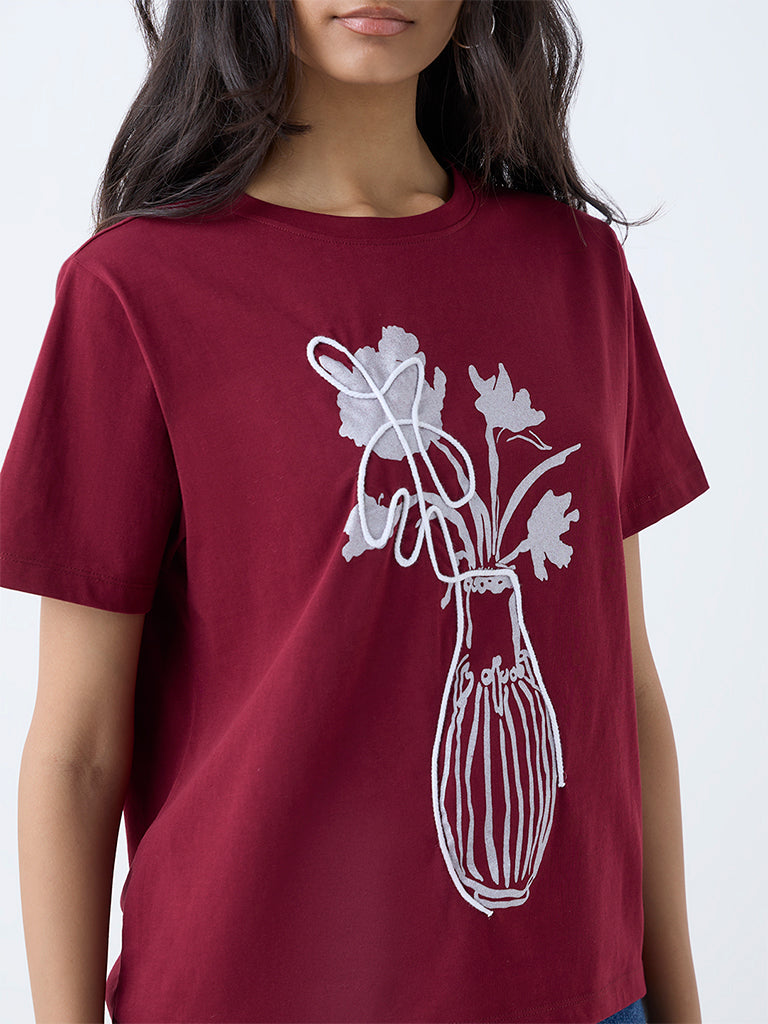 LOV Maroon Floral Pattern Cotton T-Shirt - Image 3