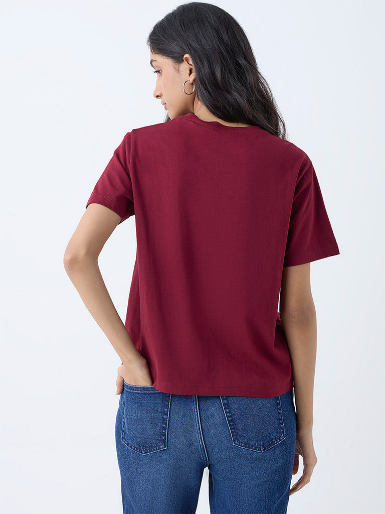 LOV Maroon Floral Pattern Cotton T-Shirt - Image 4