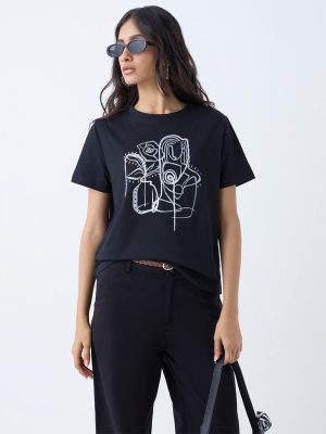 LOV Black Printed Cotton T-Shirt