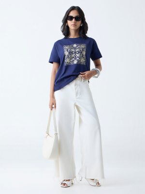 LOV Navy Leaf Printed Cotton T-Shirt