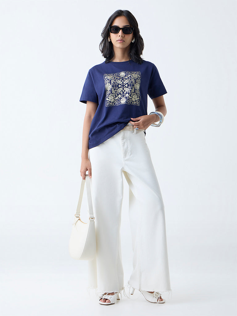 LOV Navy Leaf Printed Cotton T-Shirt