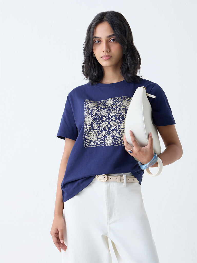 LOV Navy Leaf Printed Cotton T-Shirt - Image 2