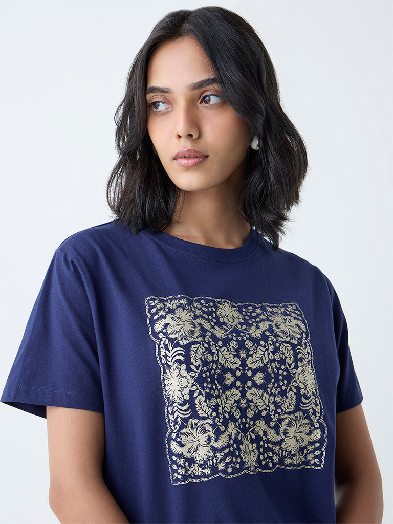 LOV Navy Leaf Printed Cotton T-Shirt - Image 3