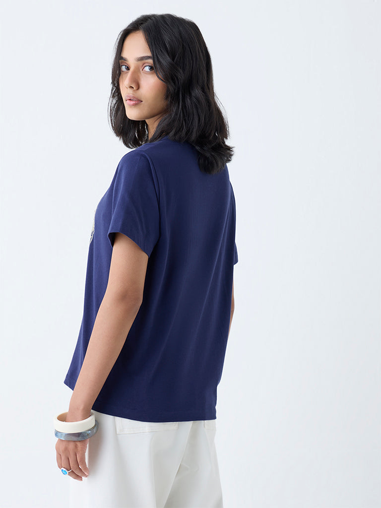 LOV Navy Leaf Printed Cotton T-Shirt - Image 4
