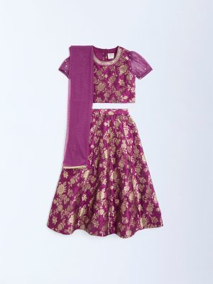 Utsa Kids Plum Floral Embroidered Ethnic Set - (2-8yrs)