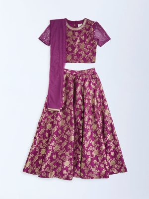 Utsa Kids Plum Floral Embroidered Ethnic Set - (8-14yrs)