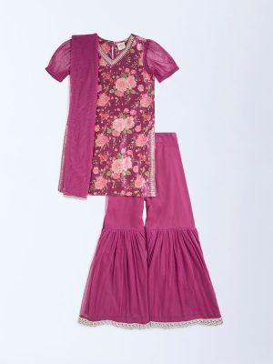 Utsa Kids Magenta Floral Pattern Ethnic Set - (8-14yrs)