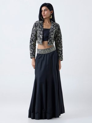 Vark Black Floral Embroidered Skirt