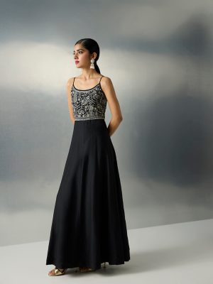 Vark Black Paisley Embroidered A-Line Dress