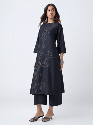 Utsa Black Embellished A-Line Kurta