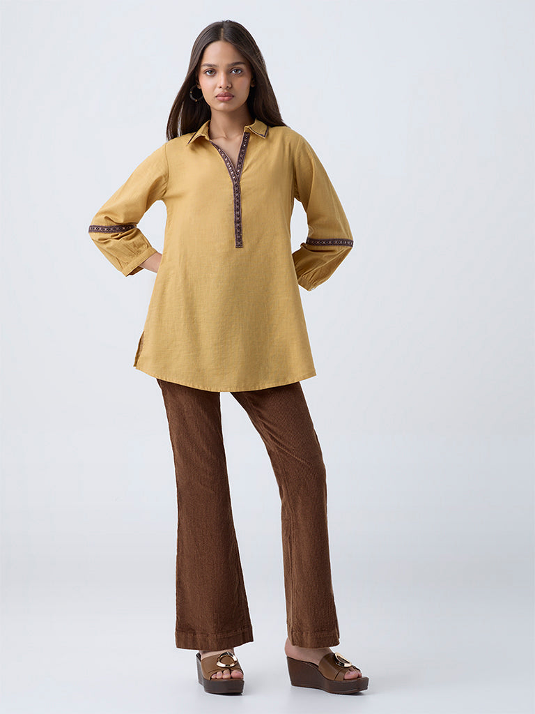 Utsa Mustard Embroidered Cotton Tunic