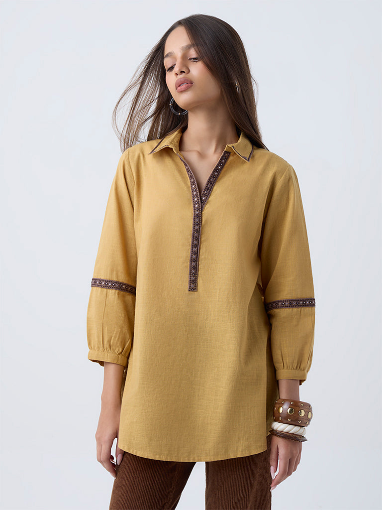 Utsa Mustard Embroidered Cotton Tunic - Image 2