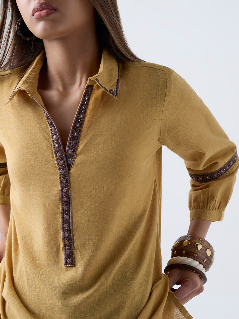 Utsa Mustard Embroidered Cotton Tunic - Image 3