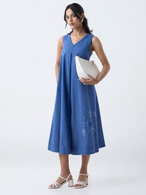 Utsa Blue Embroidered Cotton A-Line Dress