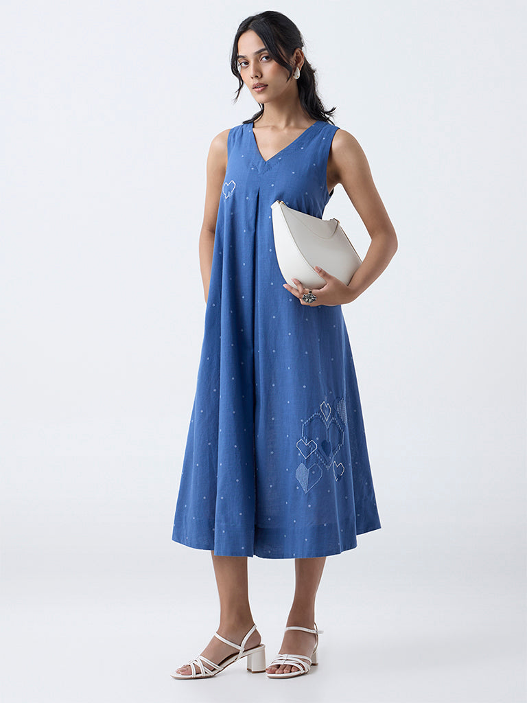 Utsa Blue Embroidered Cotton A-Line Dress