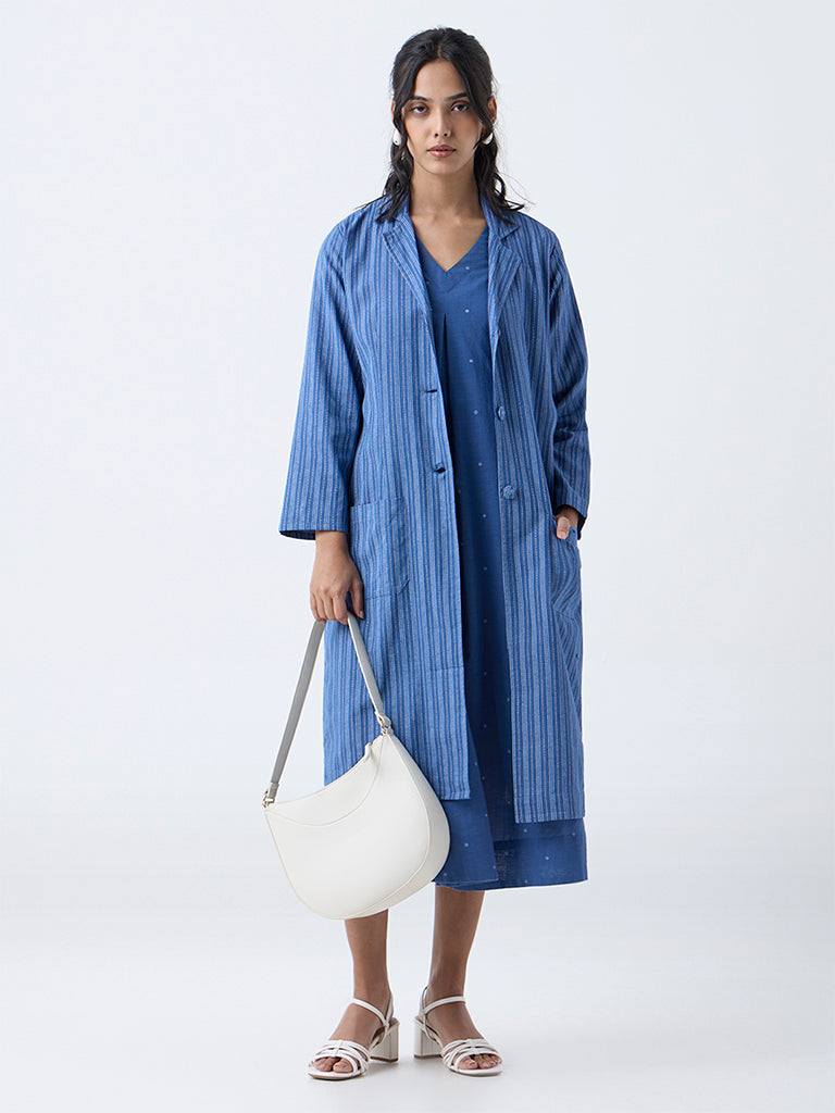 Utsa Blue Embroidered Cotton A-Line Dress - Image 2