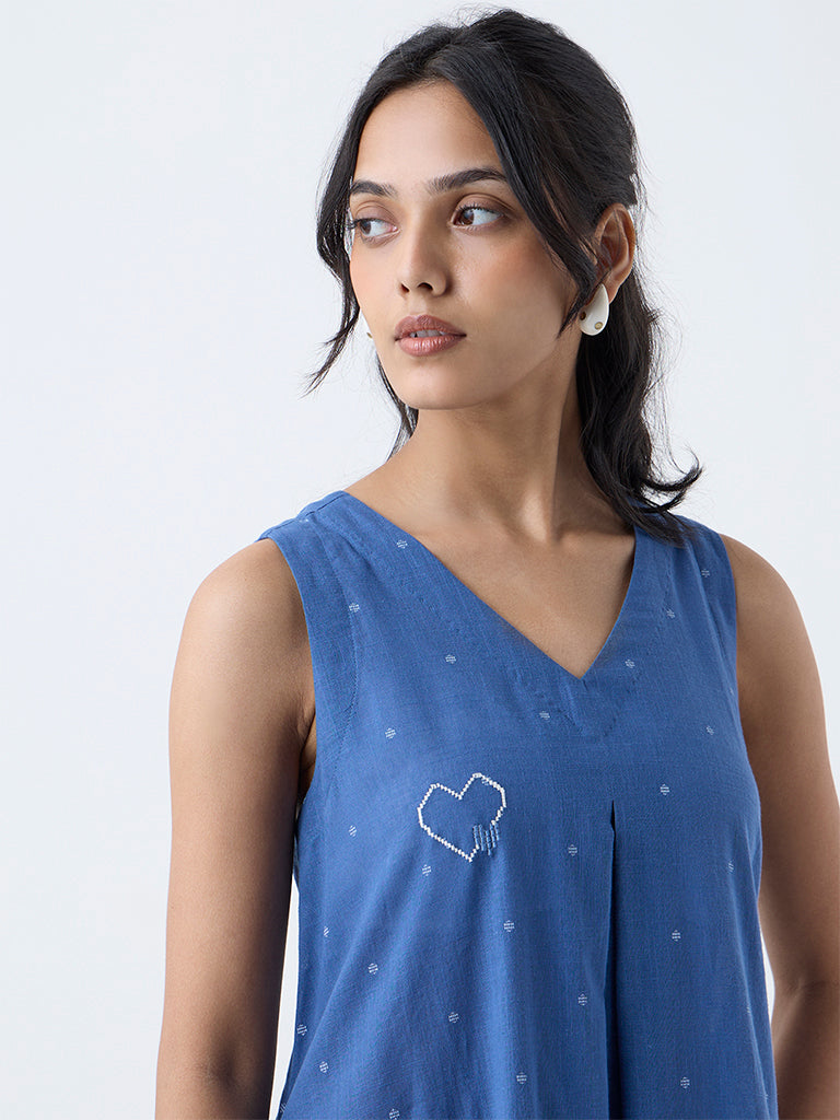 Utsa Blue Embroidered Cotton A-Line Dress - Image 3