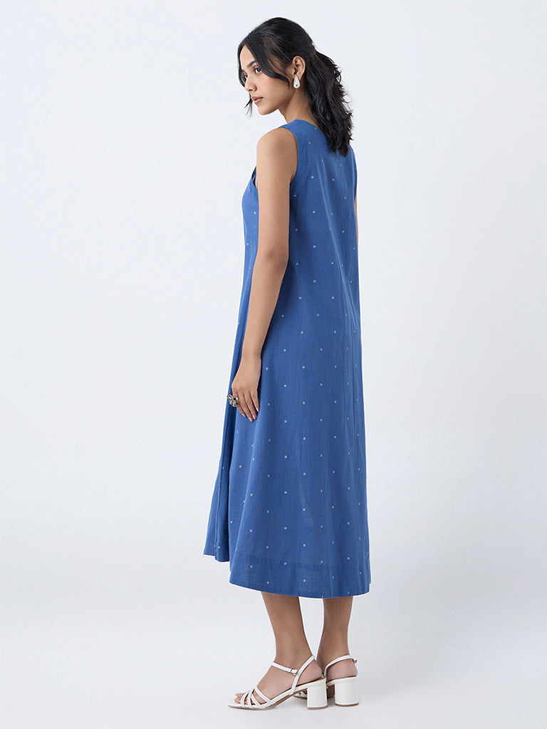 Utsa Blue Embroidered Cotton A-Line Dress - Image 4