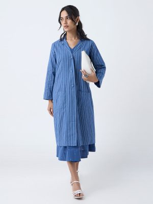 Utsa Blue Stripe Printed Cotton Jacket